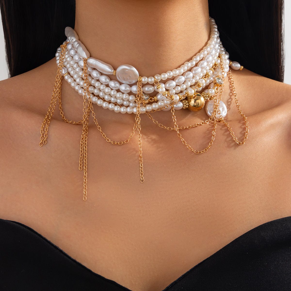 Baroque Layered Gold Tone Pearl Chain Tassel Choker Necklace