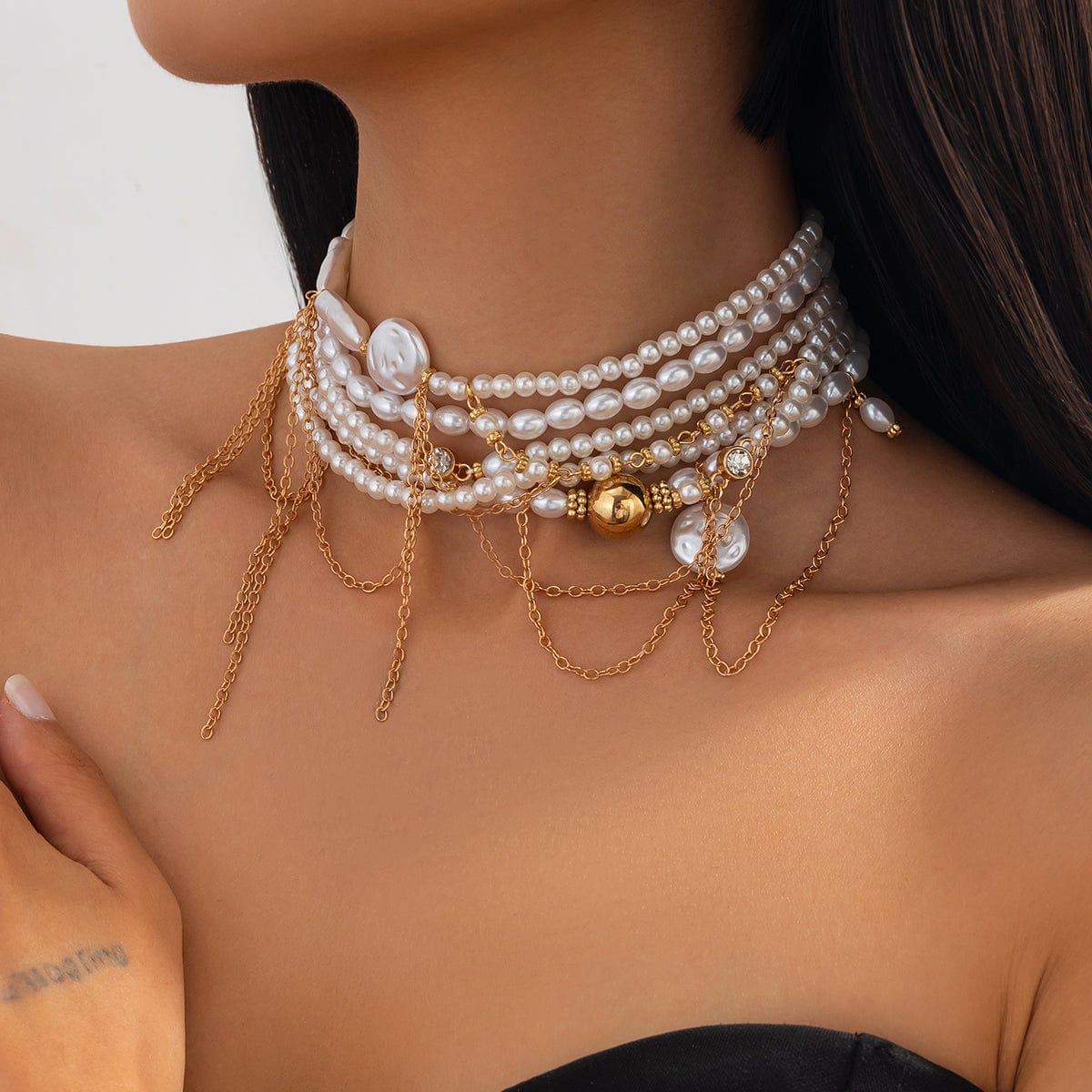 Baroque Layered Gold Tone Pearl Chain Tassel Choker Necklace