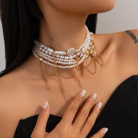 Thumbnail for Baroque Layered Gold Tone Pearl Chain Tassel Choker Necklace