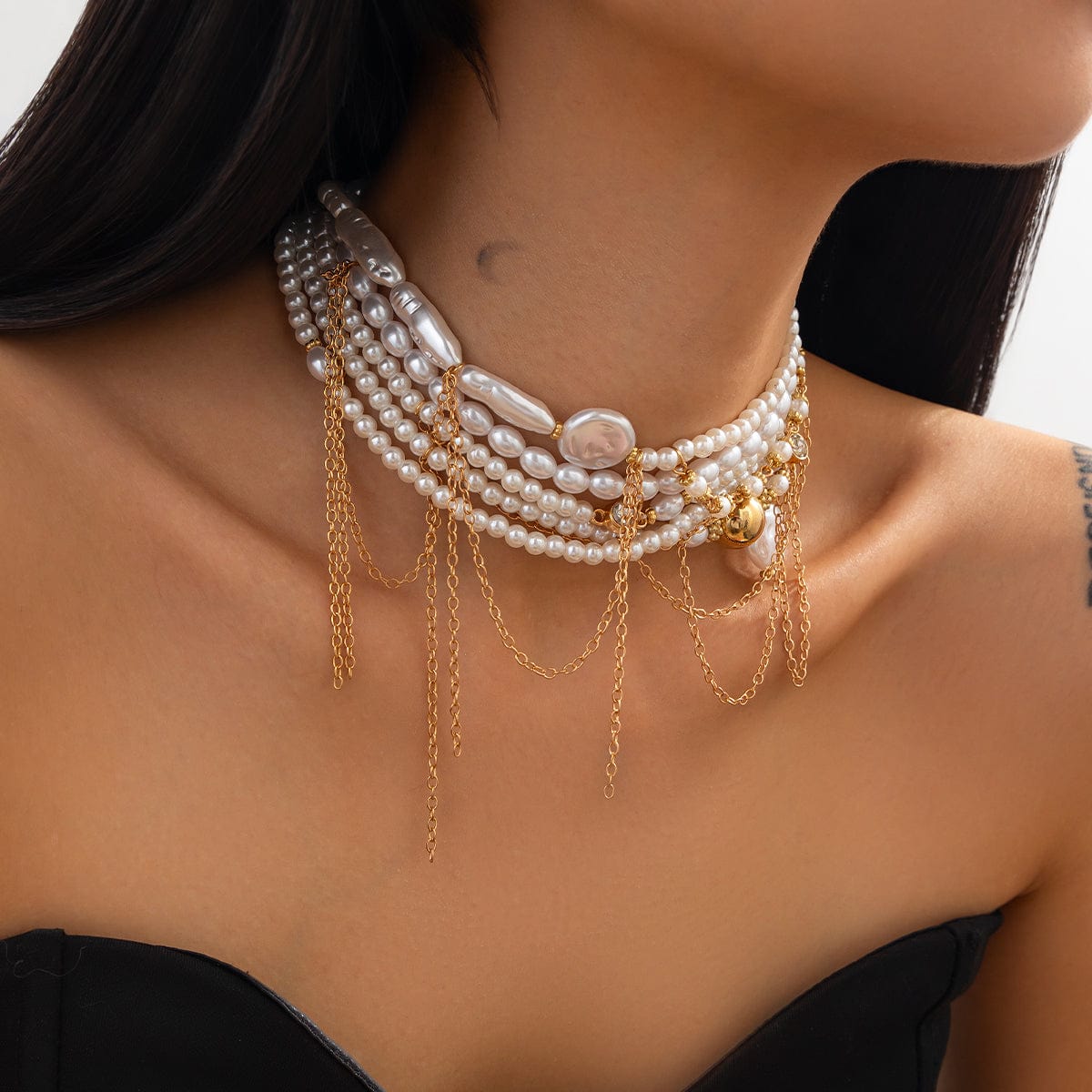 Baroque Layered Gold Tone Pearl Chain Tassel Choker Necklace