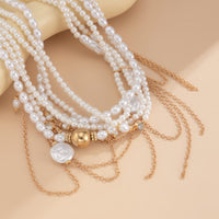 Thumbnail for Baroque Layered Gold Tone Pearl Chain Tassel Choker Necklace