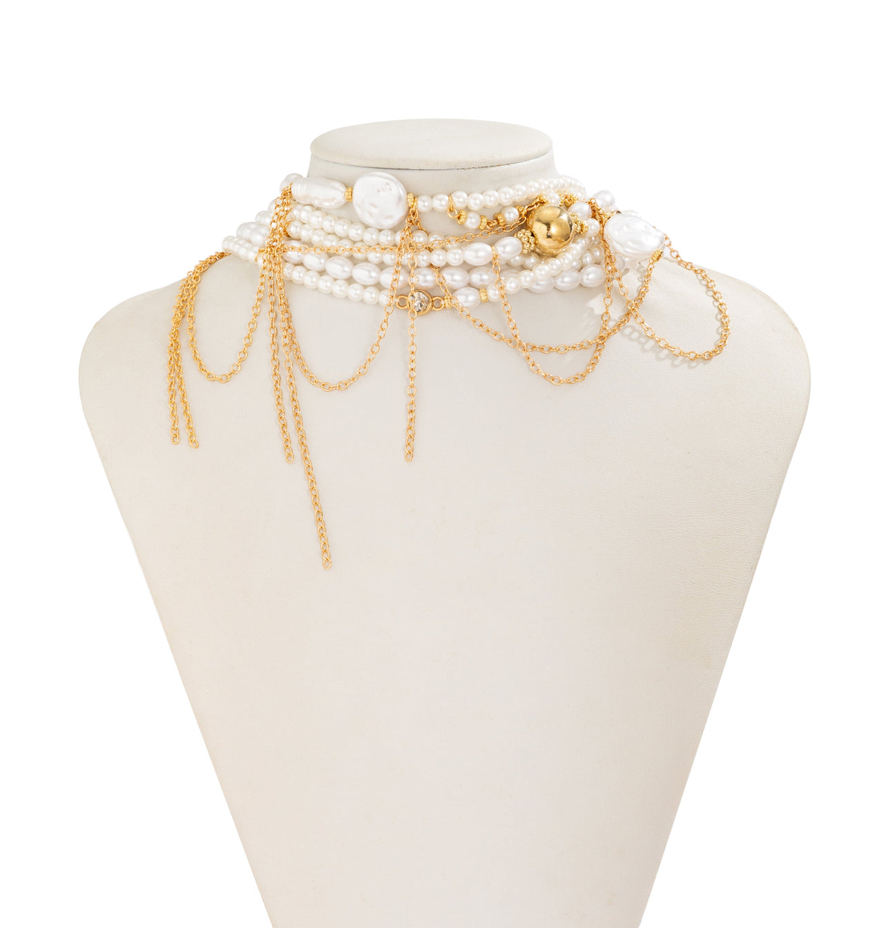 Baroque Layered Gold Tone Pearl Chain Tassel Choker Necklace