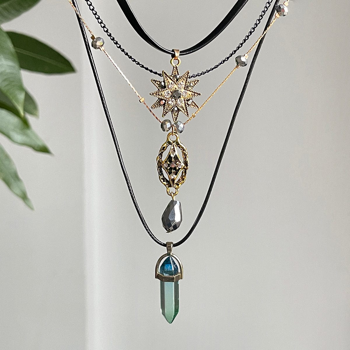 Baroque Layered Healing Crystal Waterdrop Pendant Wax Cord Necklace Set - ArtGalleryZen