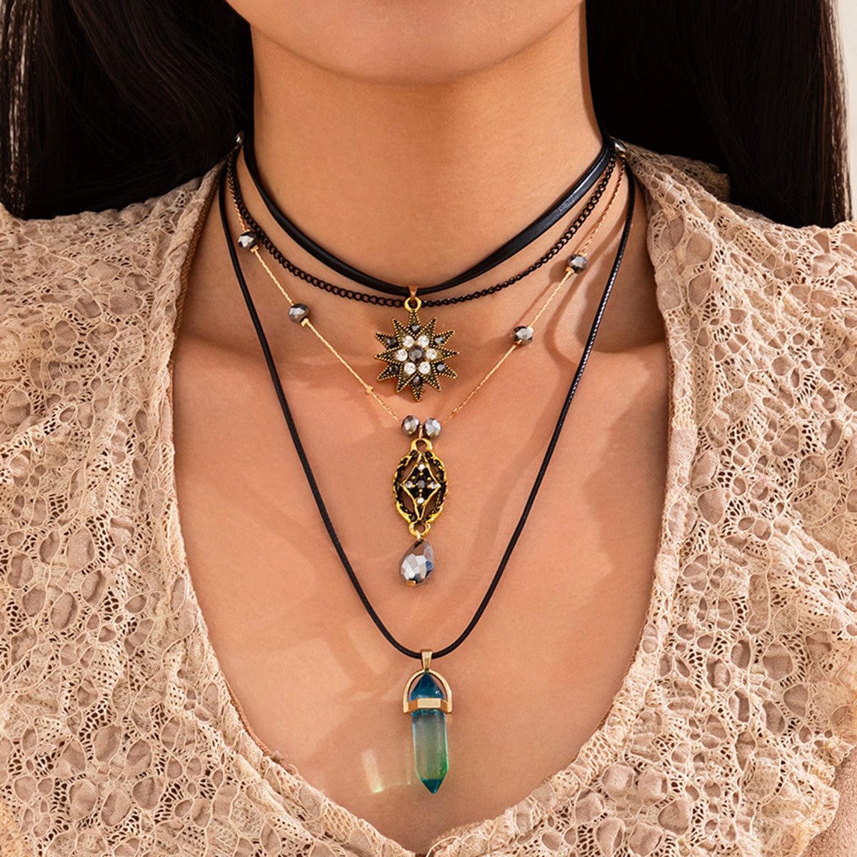 Baroque Layered Healing Crystal Waterdrop Pendant Wax Cord Necklace Set - ArtGalleryZen