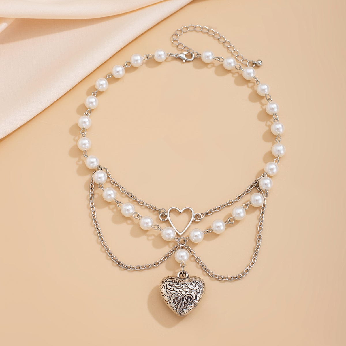 Baroque Layered Pattern Heart Pendant Pearl Chain Necklace - ArtGalleryZen
