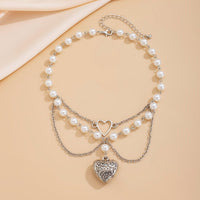 Thumbnail for Baroque Layered Pattern Heart Pendant Pearl Chain Necklace - ArtGalleryZen