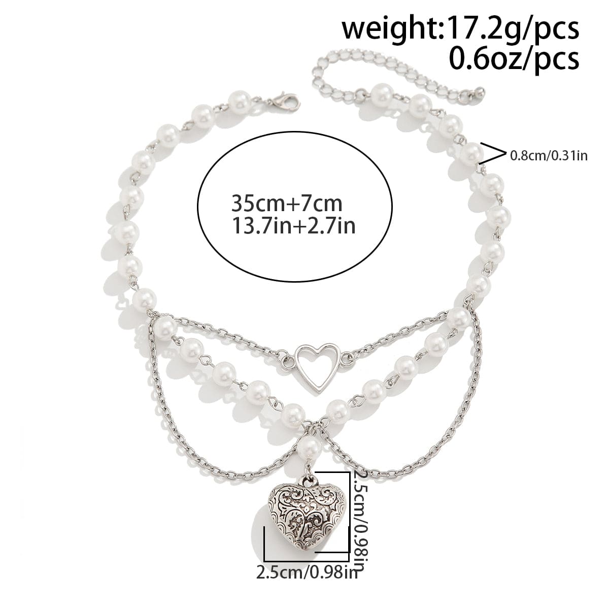 Baroque Layered Pattern Heart Pendant Pearl Chain Necklace - ArtGalleryZen