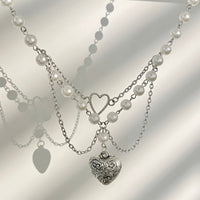 Thumbnail for Baroque Layered Pattern Heart Pendant Pearl Chain Necklace - ArtGalleryZen