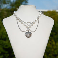 Thumbnail for Baroque Layered Pattern Heart Pendant Pearl Chain Necklace - ArtGalleryZen