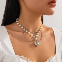 Thumbnail for Baroque Layered Pattern Heart Pendant Pearl Chain Necklace - ArtGalleryZen