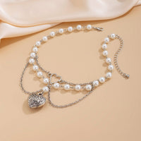 Thumbnail for Baroque Layered Pattern Heart Pendant Pearl Chain Necklace - ArtGalleryZen