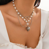 Thumbnail for Baroque Layered Pattern Heart Pendant Pearl Chain Necklace - ArtGalleryZen