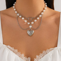 Thumbnail for Baroque Layered Pattern Heart Pendant Pearl Chain Necklace