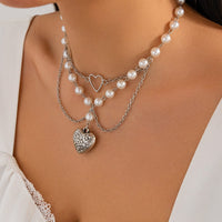 Thumbnail for Baroque Layered Pattern Heart Pendant Pearl Chain Necklace