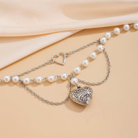 Thumbnail for Baroque Layered Pattern Heart Pendant Pearl Chain Necklace