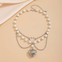 Thumbnail for Baroque Layered Pattern Heart Pendant Pearl Chain Necklace