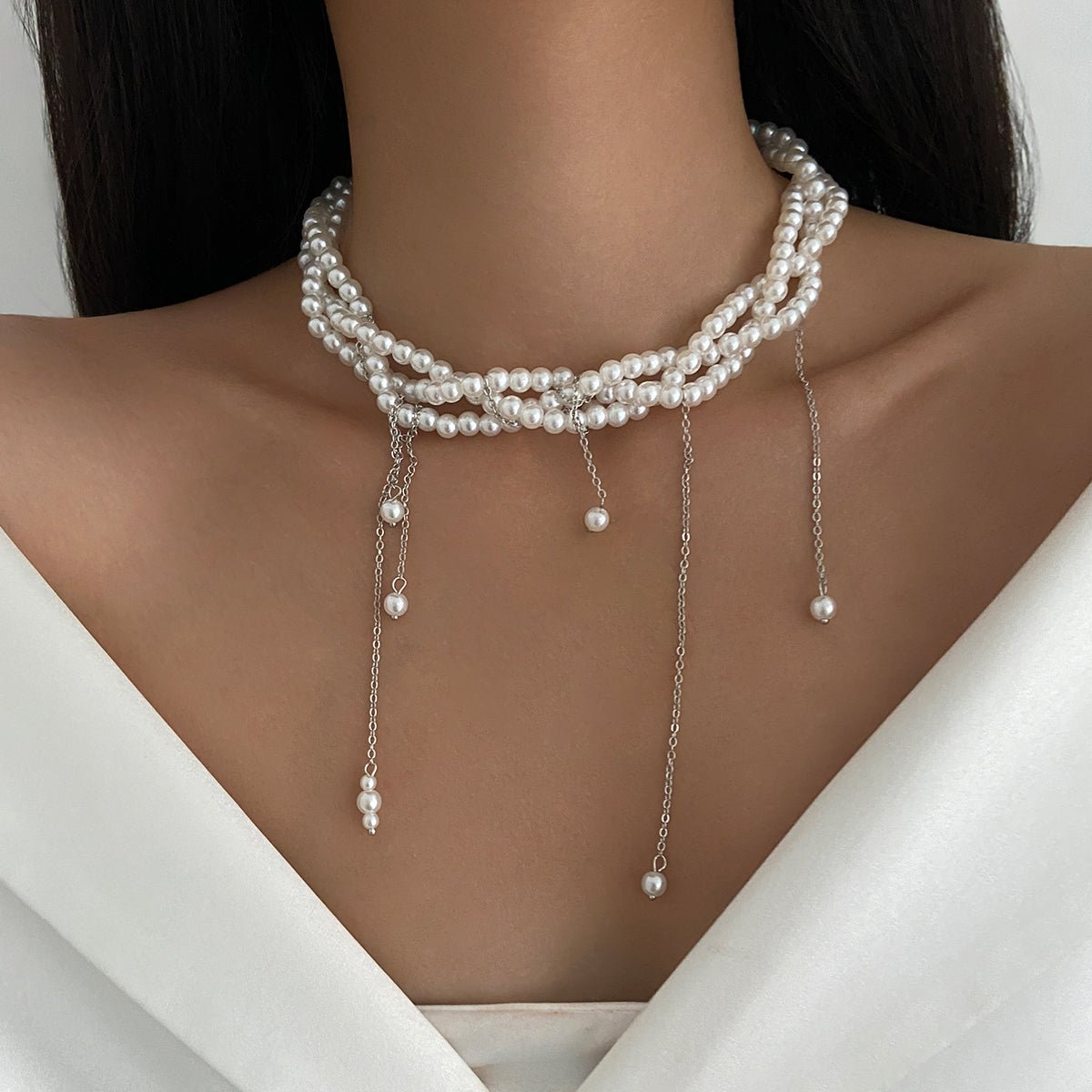 Baroque Layered Pearl Chain Tassel Choker Necklace - ArtGalleryZen