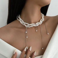 Thumbnail for Baroque Layered Pearl Chain Tassel Choker Necklace - ArtGalleryZen
