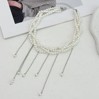Thumbnail for Baroque Layered Pearl Chain Tassel Choker Necklace - ArtGalleryZen