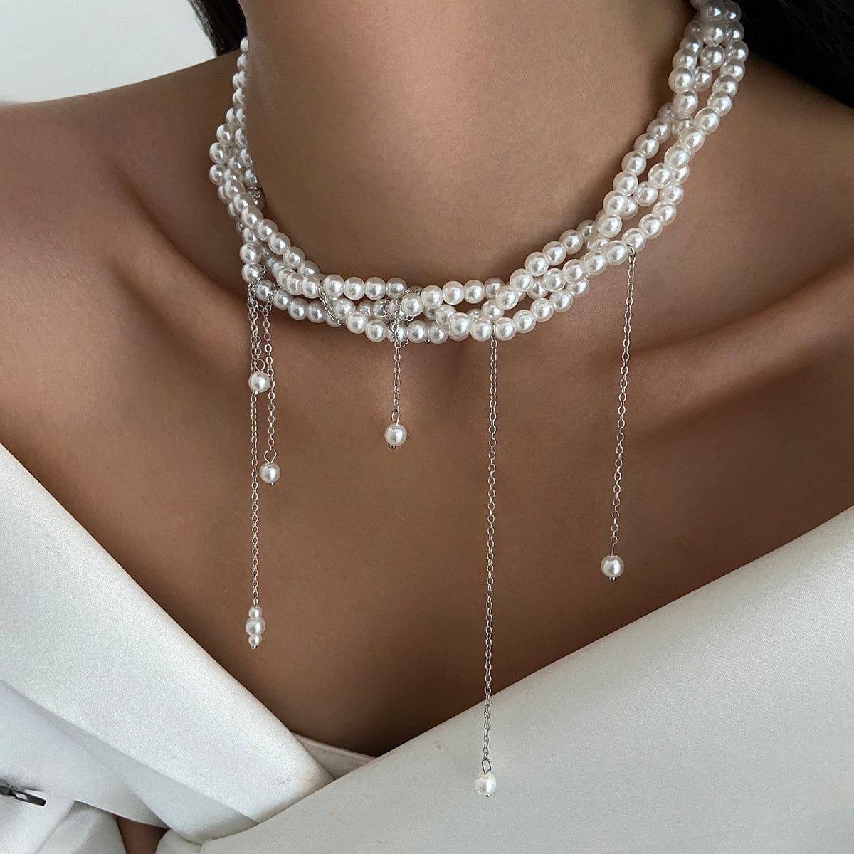 Baroque Layered Pearl Chain Tassel Choker Necklace - ArtGalleryZen