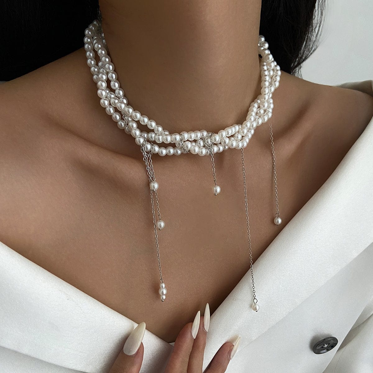 Baroque Layered Pearl Chain Tassel Choker Necklace - ArtGalleryZen