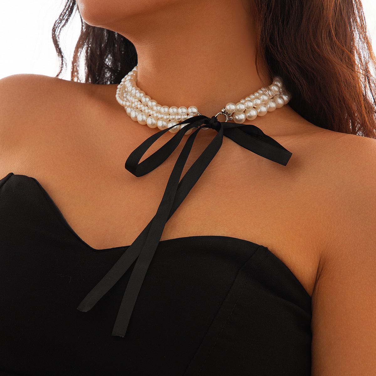 Baroque Layered Ribbon Bowknot Pearl Chain Necklace