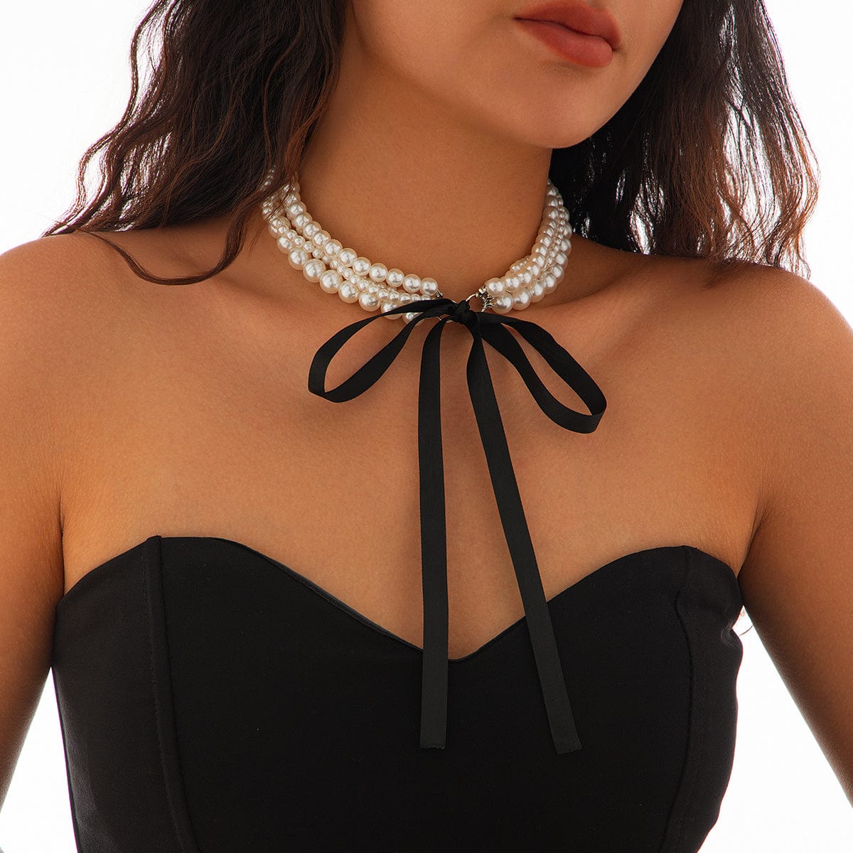 Baroque Layered Ribbon Bowknot Pearl Chain Necklace