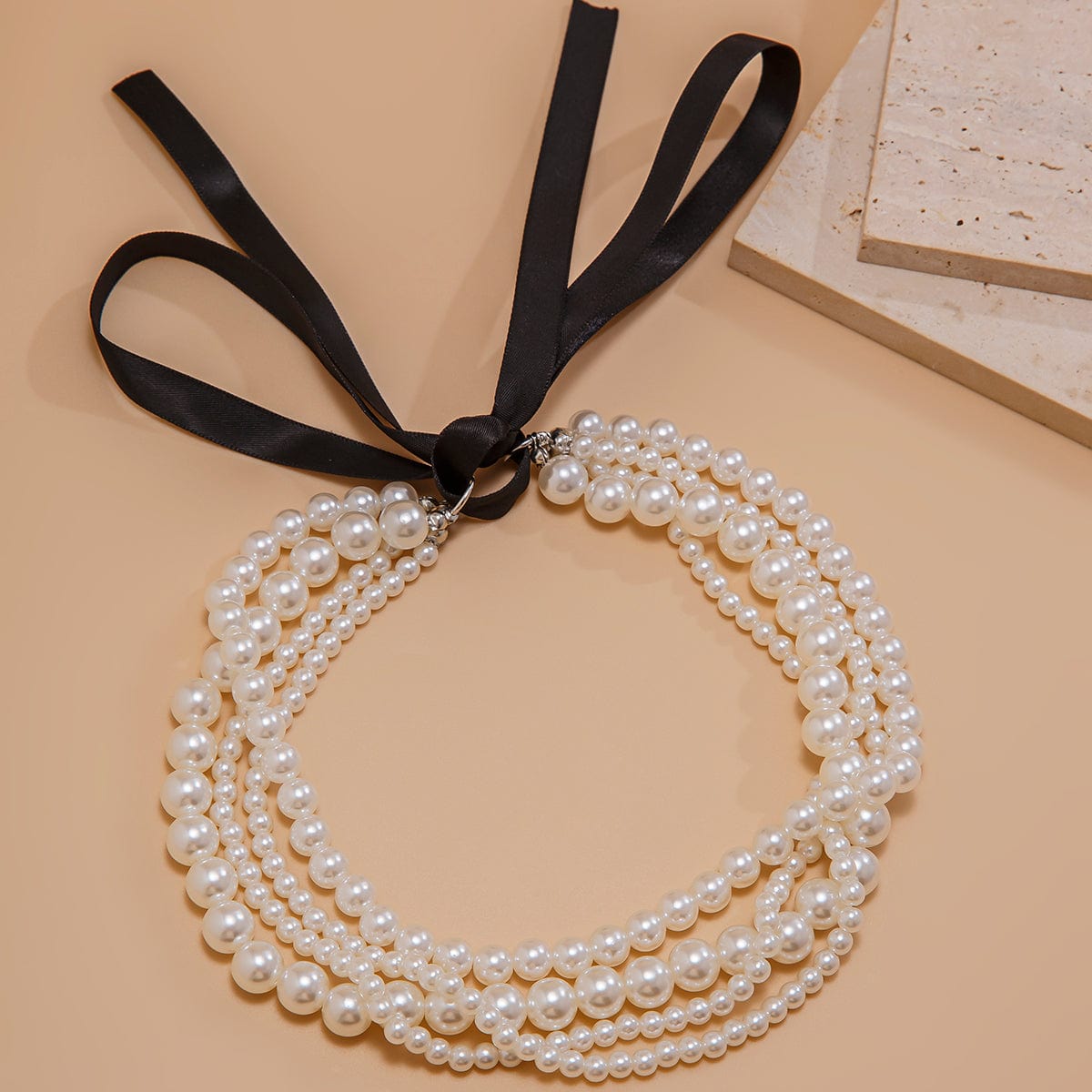 Baroque Layered Ribbon Bowknot Pearl Chain Necklace