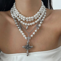 Thumbnail for Baroque Layered Rose Cross Pendant Pearl Chain Necklace Set - ArtGalleryZen