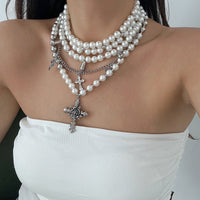 Thumbnail for Baroque Layered Rose Cross Pendant Pearl Chain Necklace Set - ArtGalleryZen