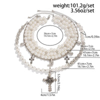 Thumbnail for Baroque Layered Rose Cross Pendant Pearl Chain Necklace Set - ArtGalleryZen