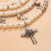 Thumbnail for Baroque Layered Rose Cross Pendant Pearl Chain Necklace Set - ArtGalleryZen