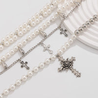 Thumbnail for Baroque Layered Rose Cross Pendant Pearl Chain Necklace Set - ArtGalleryZen