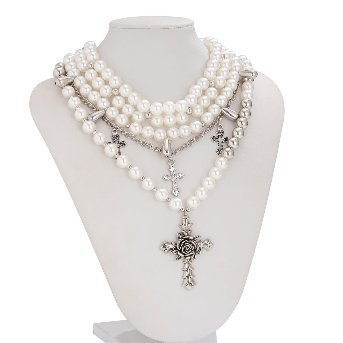 Baroque Layered Rose Cross Pendant Pearl Chain Necklace Set - ArtGalleryZen
