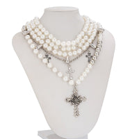 Thumbnail for Baroque Layered Rose Cross Pendant Pearl Chain Necklace Set - ArtGalleryZen