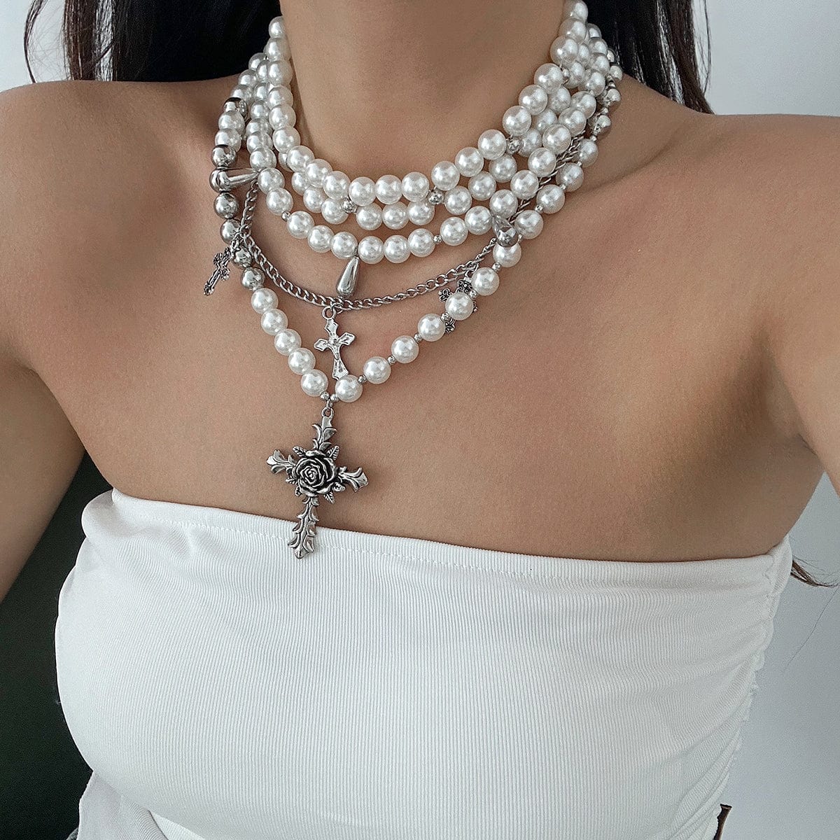 Baroque Layered Rose Cross Pendant Pearl Chain Necklace Set