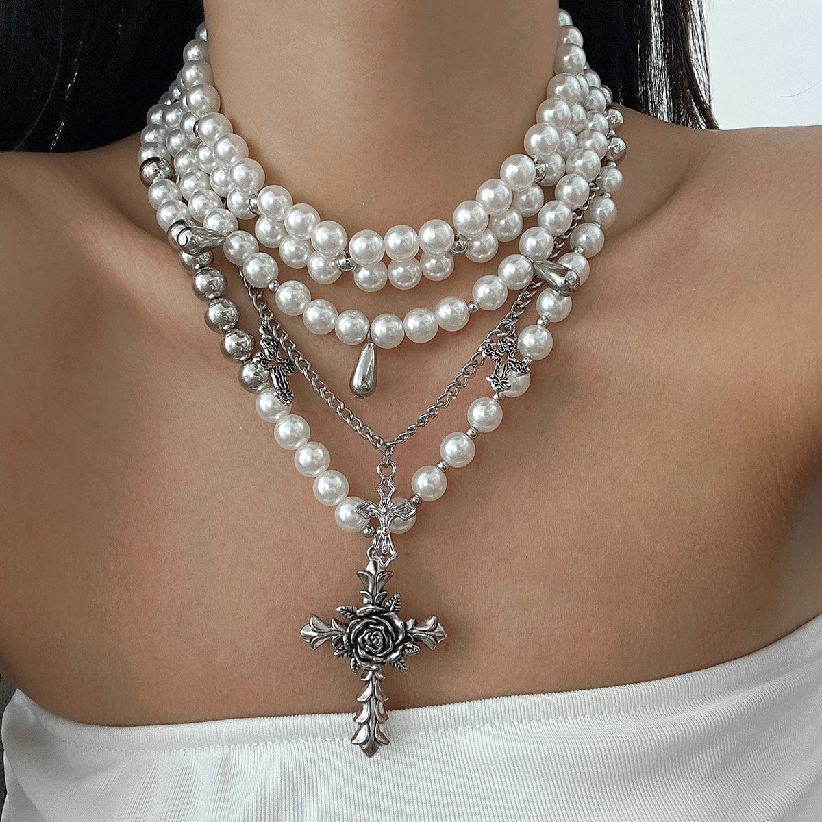 Baroque Layered Rose Cross Pendant Pearl Chain Necklace Set