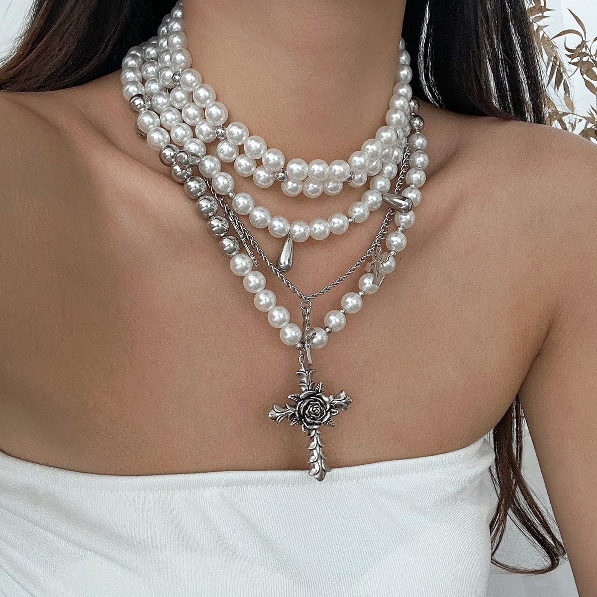 Baroque Layered Rose Cross Pendant Pearl Chain Necklace Set