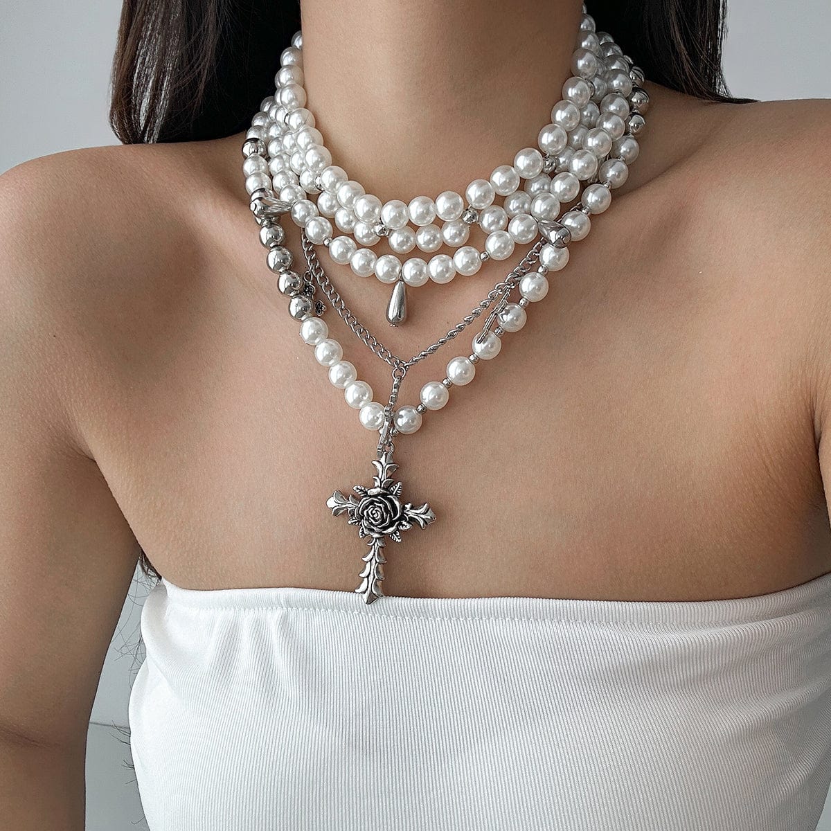 Baroque Layered Rose Cross Pendant Pearl Chain Necklace Set