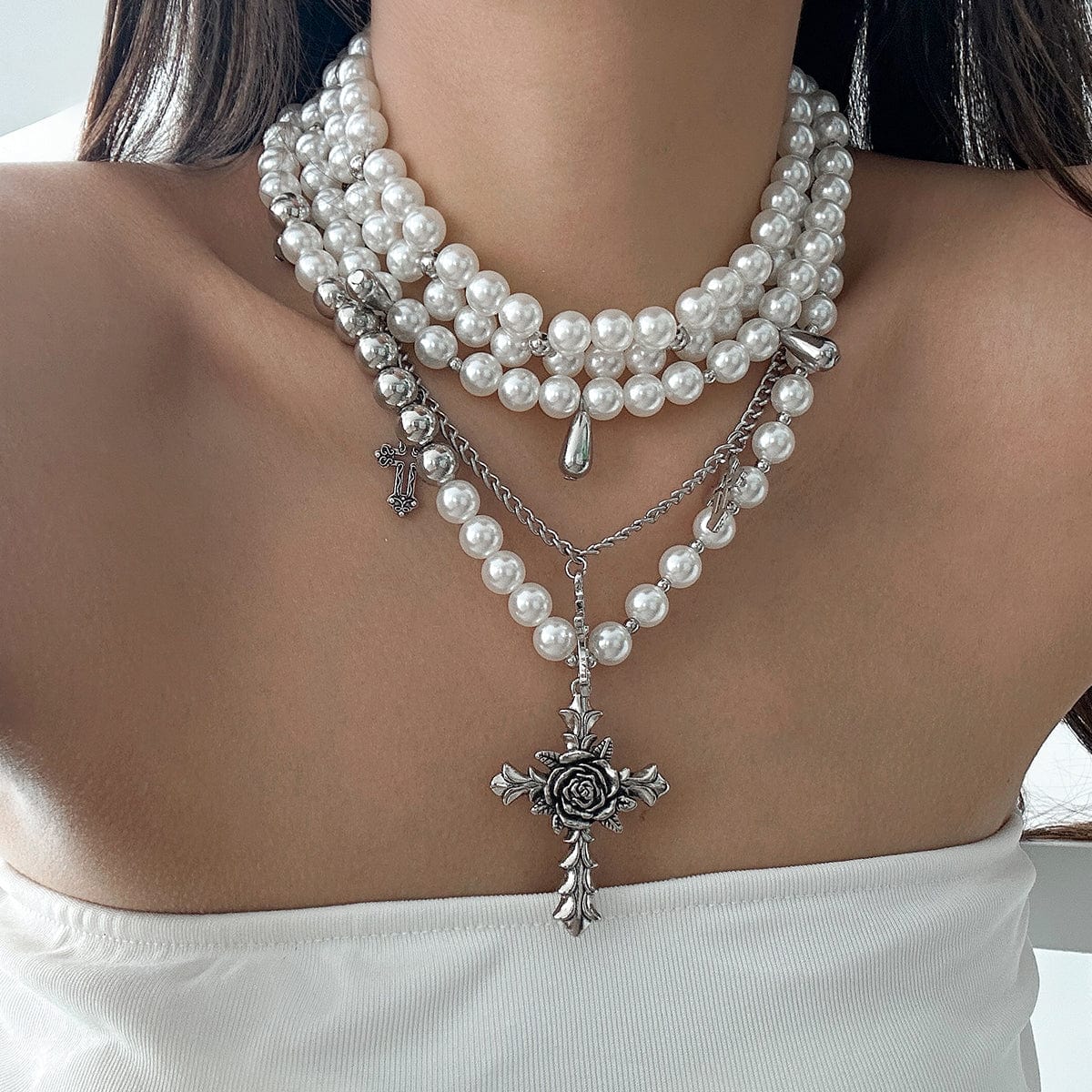 Baroque Layered Rose Cross Pendant Pearl Chain Necklace Set