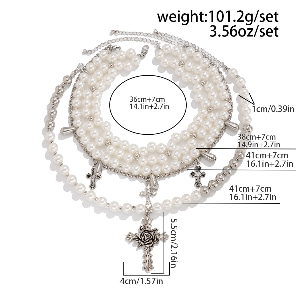 Baroque Layered Rose Cross Pendant Pearl Chain Necklace Set