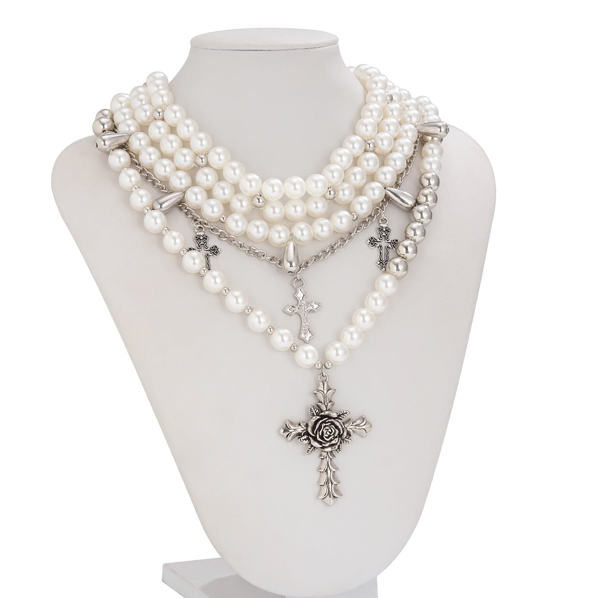 Baroque Layered Rose Cross Pendant Pearl Chain Necklace Set