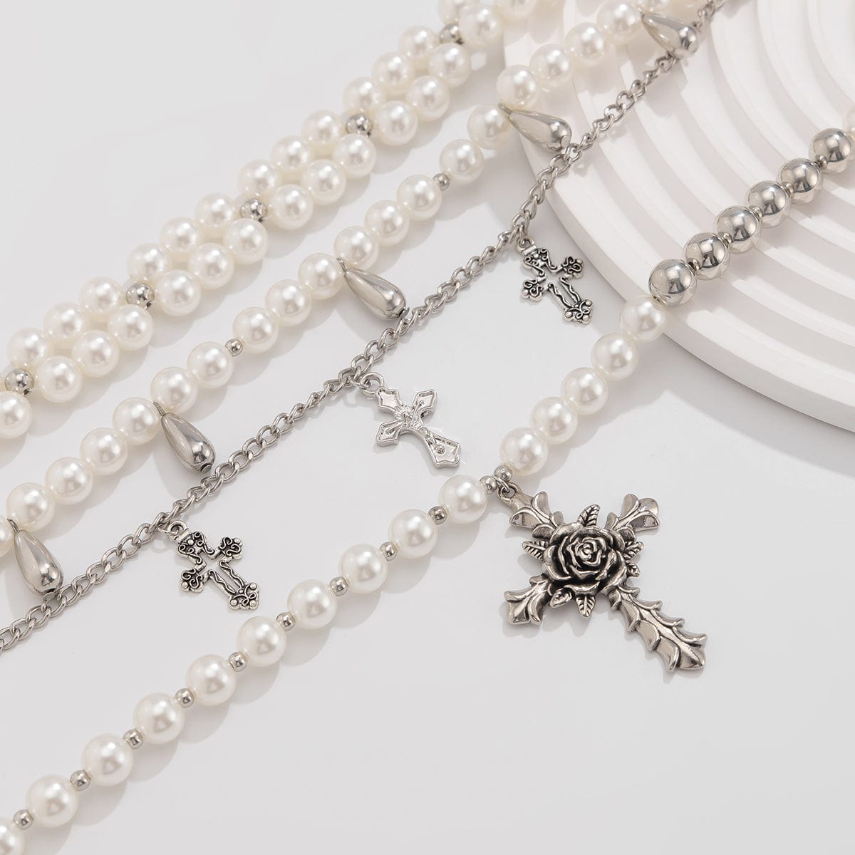 Baroque Layered Rose Cross Pendant Pearl Chain Necklace Set