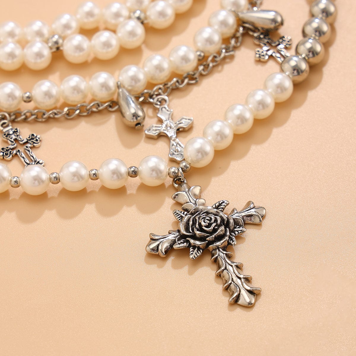 Baroque Layered Rose Cross Pendant Pearl Chain Necklace Set