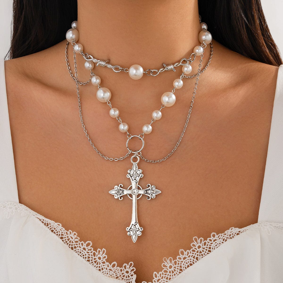 Baroque Layered Silver Plated Cross Pendant Pearl Chain Necklace - ArtGalleryZen