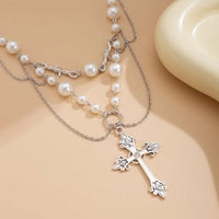 Thumbnail for Baroque Layered Silver Plated Cross Pendant Pearl Chain Necklace - ArtGalleryZen