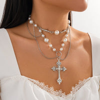 Thumbnail for Baroque Layered Silver Plated Cross Pendant Pearl Chain Necklace - ArtGalleryZen