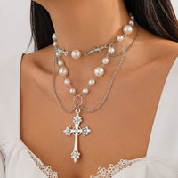 Thumbnail for Baroque Layered Silver Plated Cross Pendant Pearl Chain Necklace - ArtGalleryZen