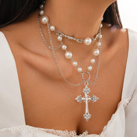 Thumbnail for Baroque Layered Silver Plated Cross Pendant Pearl Chain Necklace - ArtGalleryZen