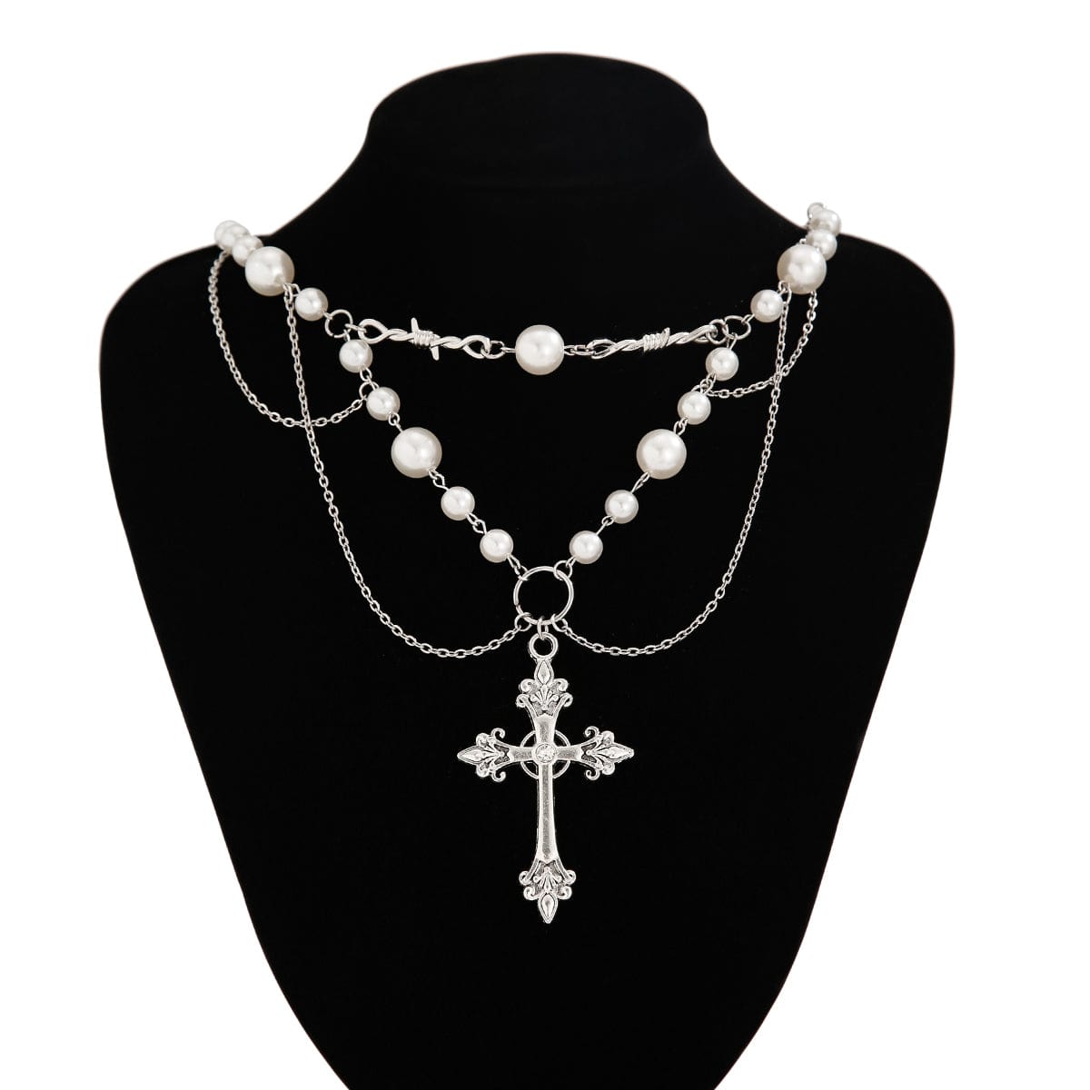 Baroque Layered Silver Plated Cross Pendant Pearl Chain Necklace - ArtGalleryZen